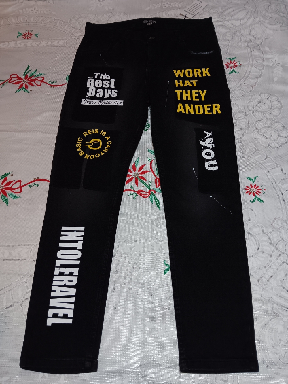 Black Graphic Patch Jogger Jeans with White & Yellow Prints